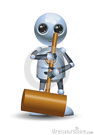 Little robot hold hammer on isolated white background Vector Illustration