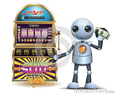Little robot hold a lot of money from gambling Vector Illustration