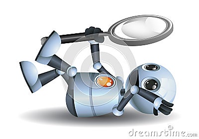 little robot holding magnifier laying down seeing up Cartoon Illustration