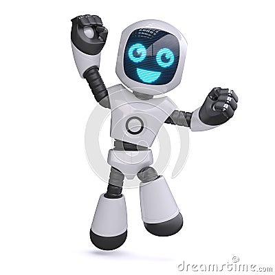 Little robot jumping and cheering, 3d rendering Cartoon Illustration