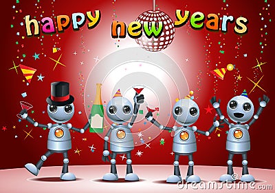 little robot party group on new year background Cartoon Illustration