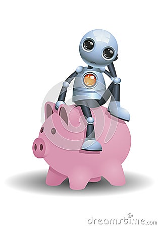 Little robot sit on piggy bank Vector Illustration