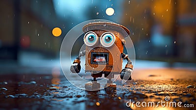 Tiny Orange Robot In Rainy Street: A Cute And Emotional Portraiture Stock Photo