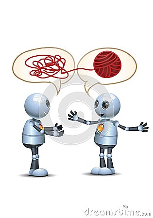 Little robot try to untangled the threads bubble text Stock Photo