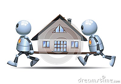 Little robots moving small house Vector Illustration