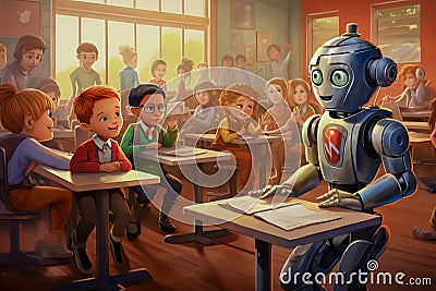 Little robots sitting at desks in a classroom listening to a robot teacher Stock Photo