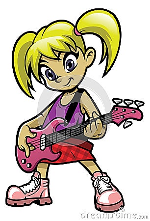 Little rocker girl playing electric bass Vector Illustration