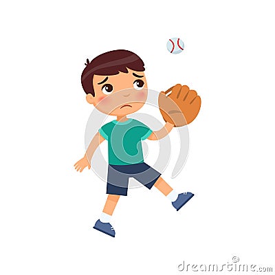 Little sad boy didn`t catch the baseball with the glove. Sport failure concept. Vector Illustration