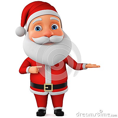 Little Santa Claus points a finger at the empty space. 3d render illustration for advertising Cartoon Illustration