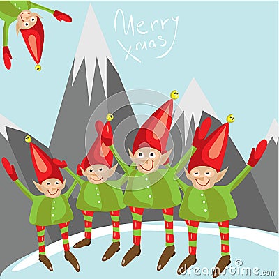 Little Santa helpers wish you a Merry Christmas. Vector illustrated greeting card. Vector Illustration