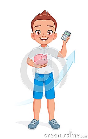 Little school boy with piggy bank and calculator. Smart kid saving money for future. Isolated vector illustration. Vector Illustration