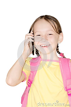 Little school girl with phone Stock Photo
