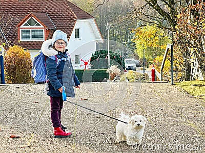 Little school girl playing with little maltese puppy outdoors after school. Happy child and family dog having fun Stock Photo