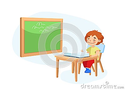Little Schoolboy Character Sitting at Desk with Open Textbook in front of Blackboard with Lesson Writings Vector Illustration