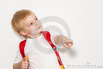 Little schoolboy on a light background Stock Photo