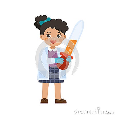 Little science kid working with science tools in lab. Kid having a chemistry lesson. Vector Illustration