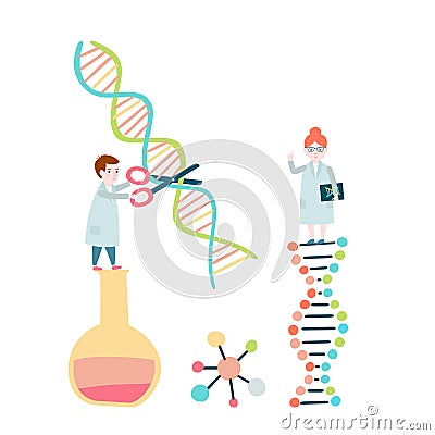 Scientists. DNA structure, genome sequencing. Vector Illustration