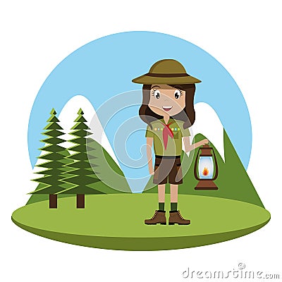 Little scout character with lantern icon Vector Illustration