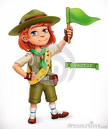 Little scout with green flag. Comic character, 3d vector illustration Vector Illustration