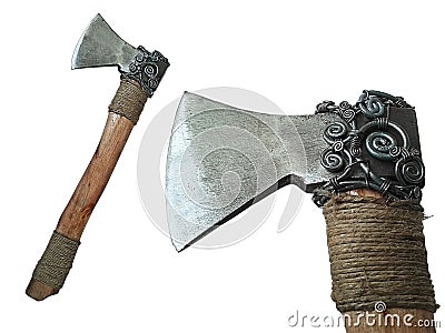 Hatchet with spiral decorative patterns on the blade in a white background. Stock Photo