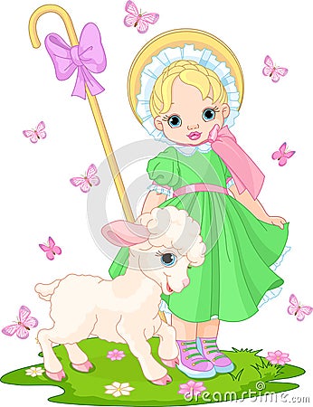 Little shepherdess with lamb Vector Illustration