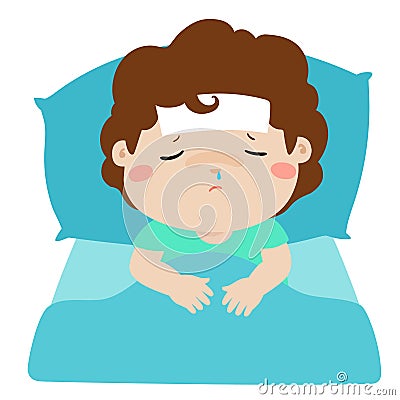 Little sick boy in bed cartoon . Vector Illustration