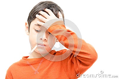 Little sick boy with temperature check thermometer in mouth on white background Stock Photo