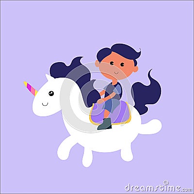 Little smiling boy riding unicorn flat cute illustration Vector Illustration