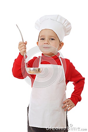 Little smiling chief-cooker with ladle Stock Photo