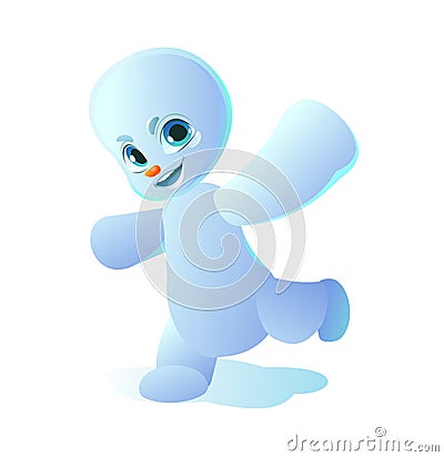 Little snowman running. Cartoon person stands and smiles. Fun style. Child kid. Isolated on white background. Vector Vector Illustration