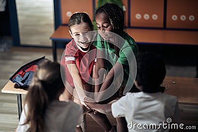 The little soccer teammates are excited and ready for a training Stock Photo