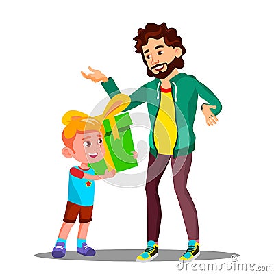 Little Son Gives Gift To Dad Vector. Isolated Illustration Vector Illustration