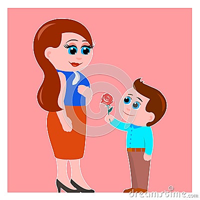 Little son gives mother a rose flower Vector Illustration