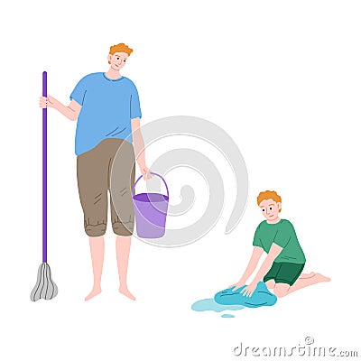 Little son helping father to wash floor with cloth for mopping Vector Illustration