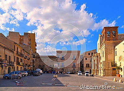 25.08.2018. little square with old classical colorful buildings, church dome and cloudy blue sky in coastal town Licata in Sicily, Editorial Stock Photo