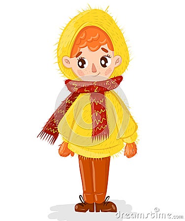 A little stand-up boy with red hair in a yellow jacket, a red scarf, and warm shoes on white Cartoon Illustration