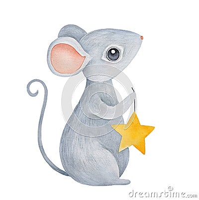 Little standing baby mouse with adorable big eyes and ears, holding string with gold star. Stock Photo