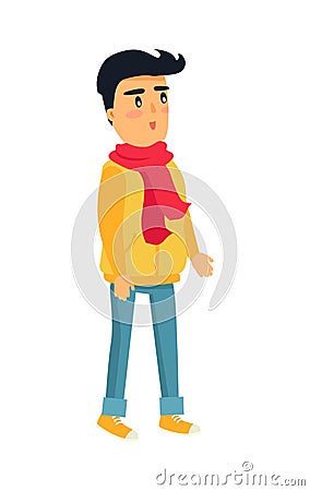 Little Standing Boy in Yellow Jacket and Red Scarf Vector Illustration