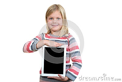 Little standing girl with tablet on white background Stock Photo