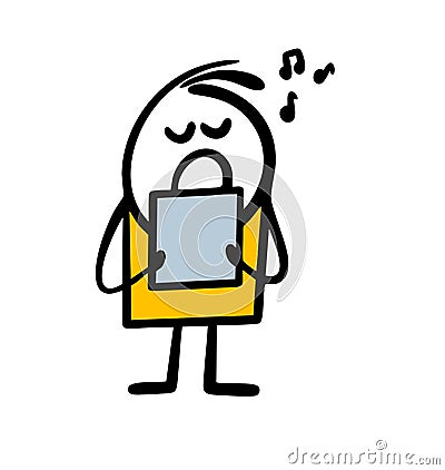 Little stickman boy hold a sheet of paper with musical notes and sing a song in children chorus. Vector Illustration