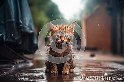 Little stray abandoned kitten, hungry, shivering and wet, sitting alone incold rain . Generative AI Stock Photo