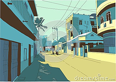 Little street, Vietnam, people on mopeds, sketch, blue and yellow colors Vector Illustration