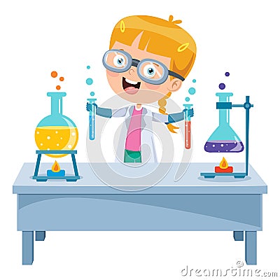 Little Student Doing Chemical Experiment Vector Illustration