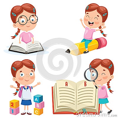 Little Student Studying And Reading Vector Illustration