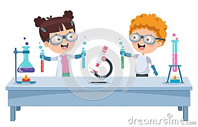 Little Students Doing Chemical Experiment Vector Illustration