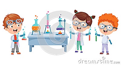 Little Students Doing Chemical Experiment Vector Illustration