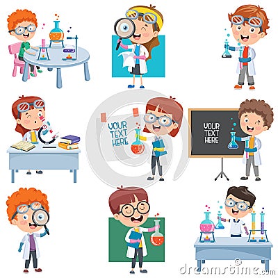 Little Students Doing Chemistry Experiment Vector Illustration