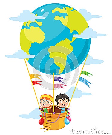Little Students Flying With Balloon Vector Illustration