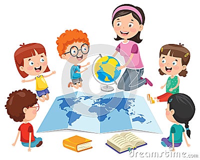 Little Students Studying Geography Vector Illustration