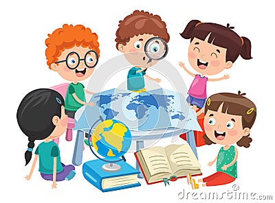 Little Students Studying Geography Vector Illustration